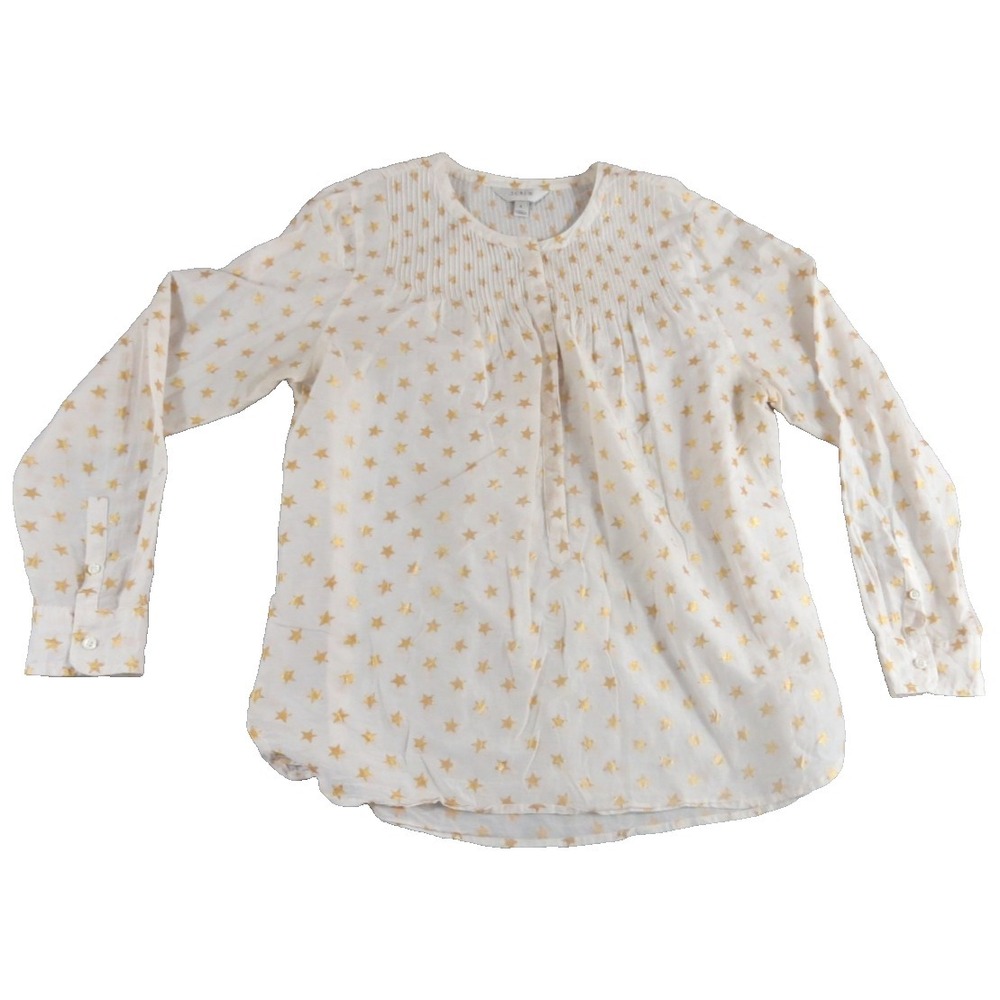 JCrew Silk Cotton Star Pintuck Blouse Womens 6 Gold Foil Sheerโ Pleated Neck Top